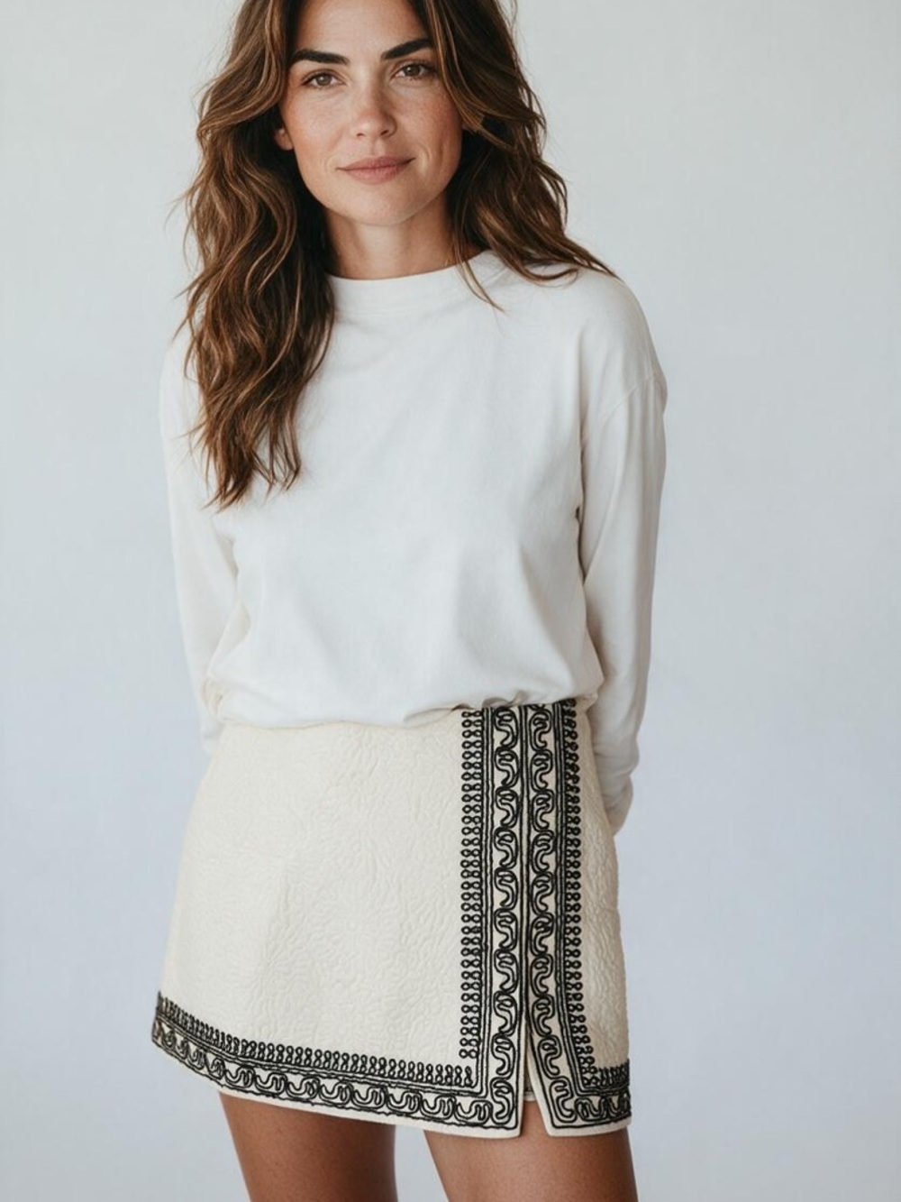 Free People Cream Mini Skirt with Black Embroidered Trim